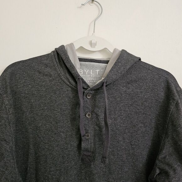 BYLT Sweatshirt Medium Gray Drop Cut Hooded Henley Long Sleeve Lux Pullover - Picture 2 of 10